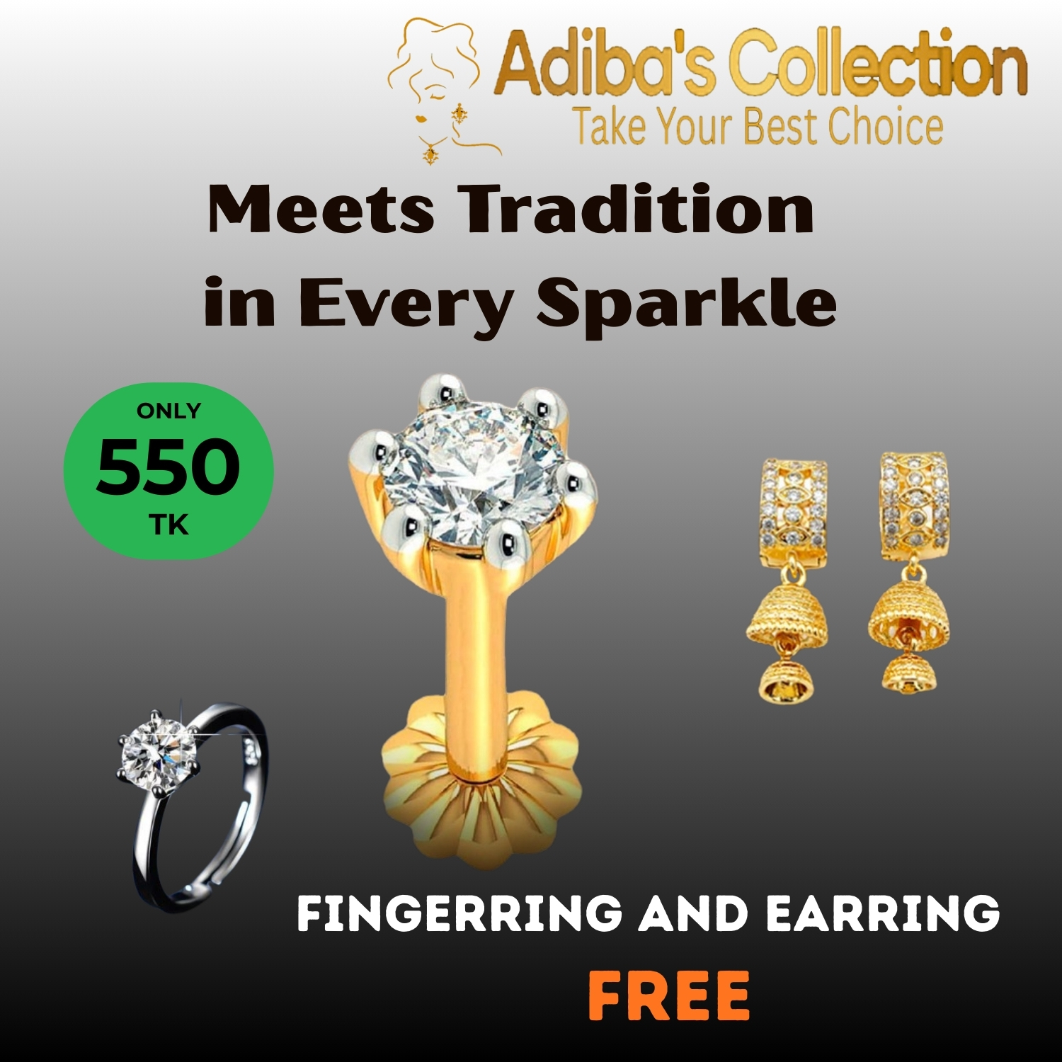 1 STONE TRADITIONAL 18K GOLD NOSEPIN WHITE + FREE FINGER RING + FREE EARING