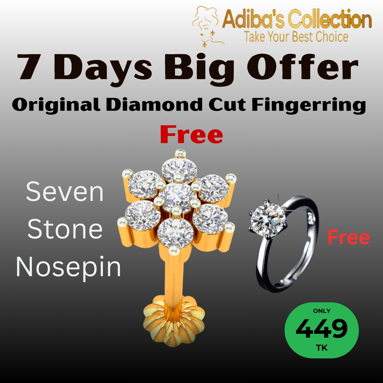 7 STONE TRADITIONAL 18K GOLD DIAMOND CUT NOSEPIN + FREE FINGER RING