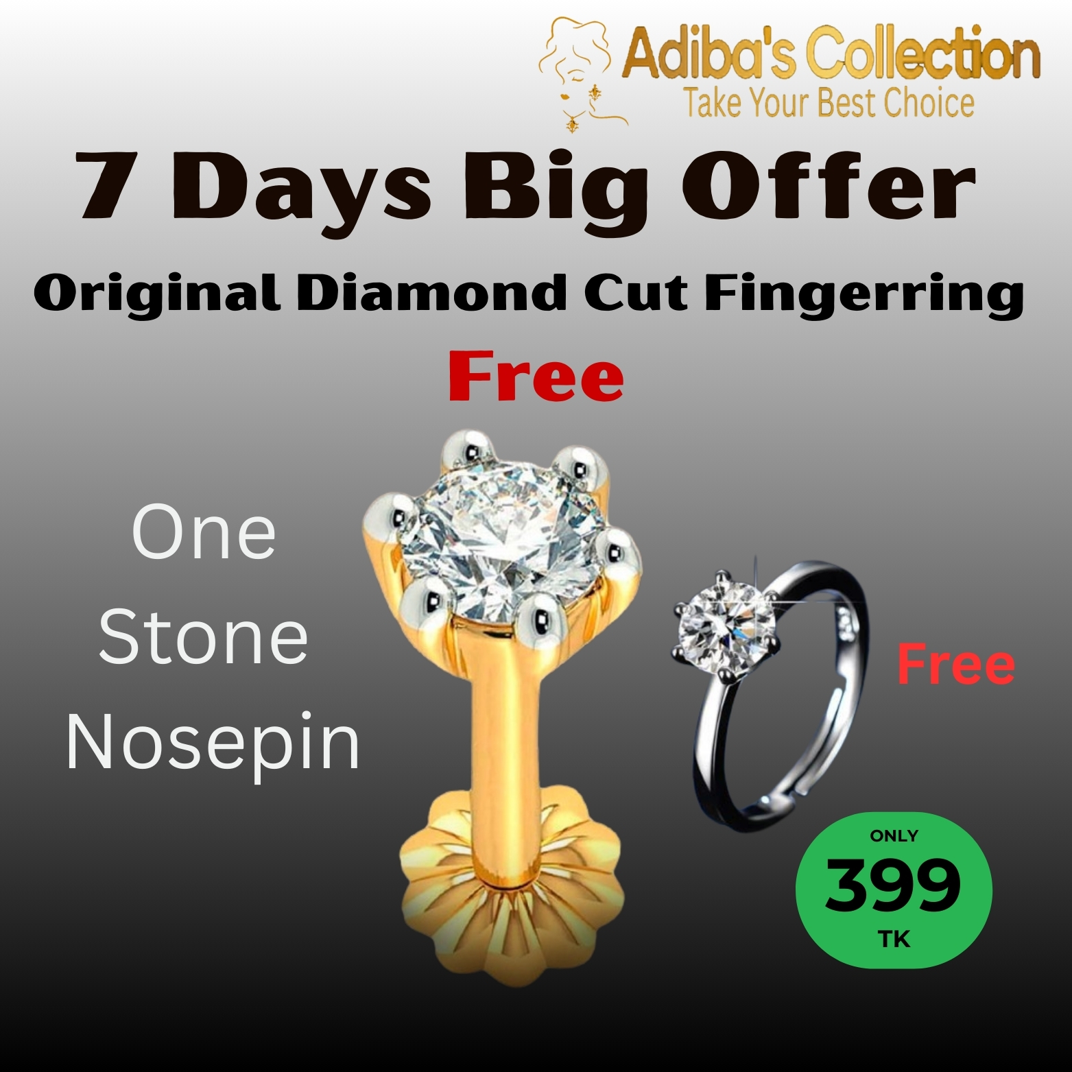 1 STONE TRADITIONAL 18K GOLD DIAMOND CUT NOSEPIN + FREE FINGER RING